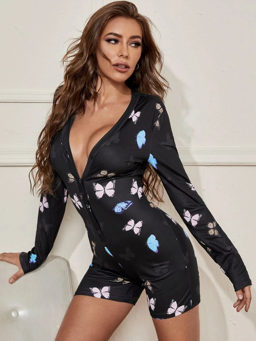 Butterfly Print Pyjama Onesie - Black - View 1
