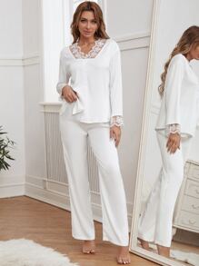 2 piezas Set de noche ribete con encaje - Blanco - Ver 1