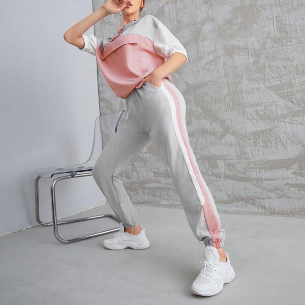 

Colorblock Hooded Top & Contrast Side Seam Sweatpants, Multicolor