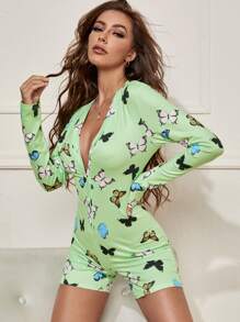 Butterfly Print Pyjama Onesie - Mint Green - View 1