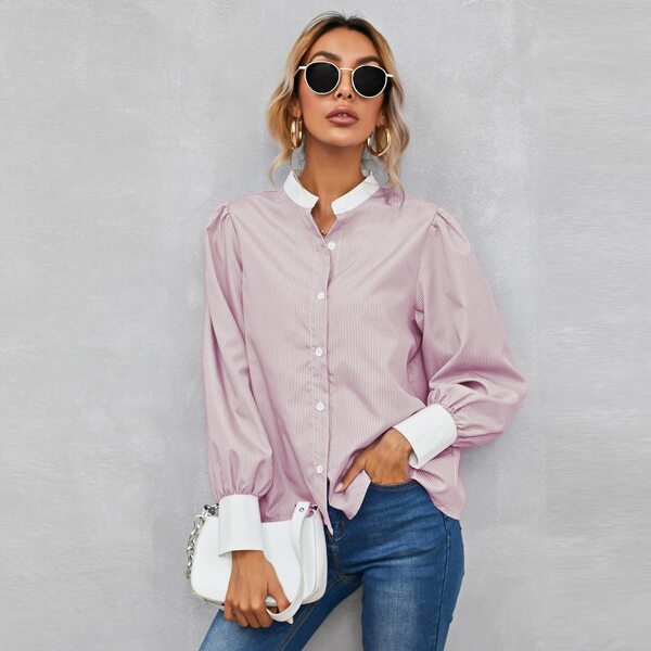 

Puff Sleeve Striped Blouse, Dusty pink