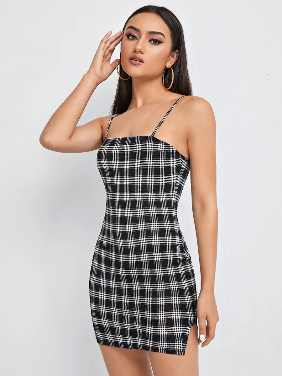 Muchica Plaid Split Hem Bodycon Dress - Black - View 1