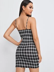 Muchica Plaid Split Hem Bodycon Dress - Black - View 2