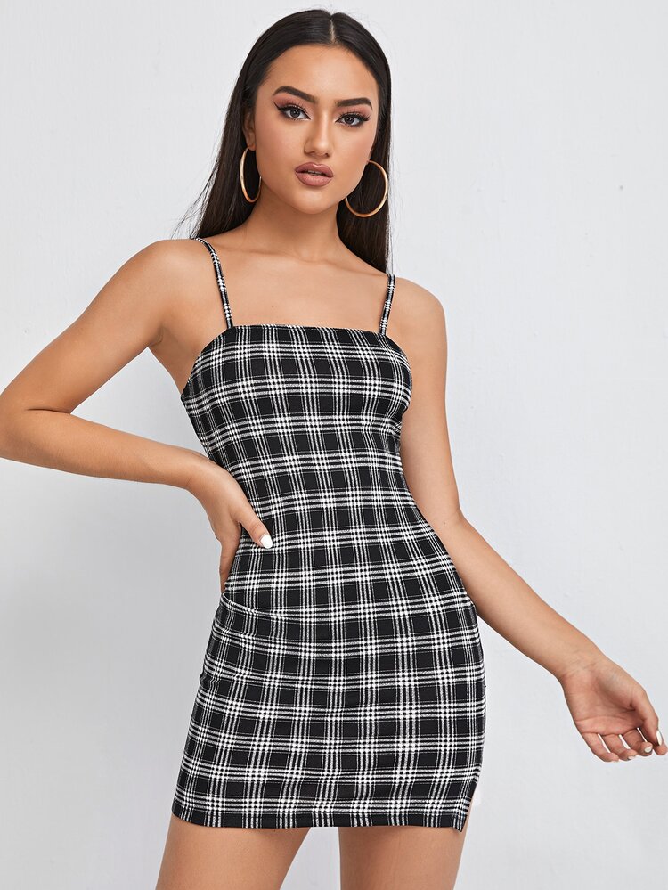 Muchica Vestido ajustado de cuadros bajo con abertura - Negro - Añade 5