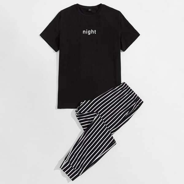 

Men Letter Graphic Tee & Striped Print Pants Lounge Set, Black