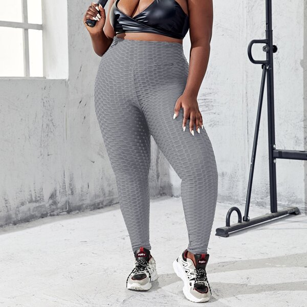 

Plus Textured Wideband Waist Sports Leggings With Phone Pocket, Grey