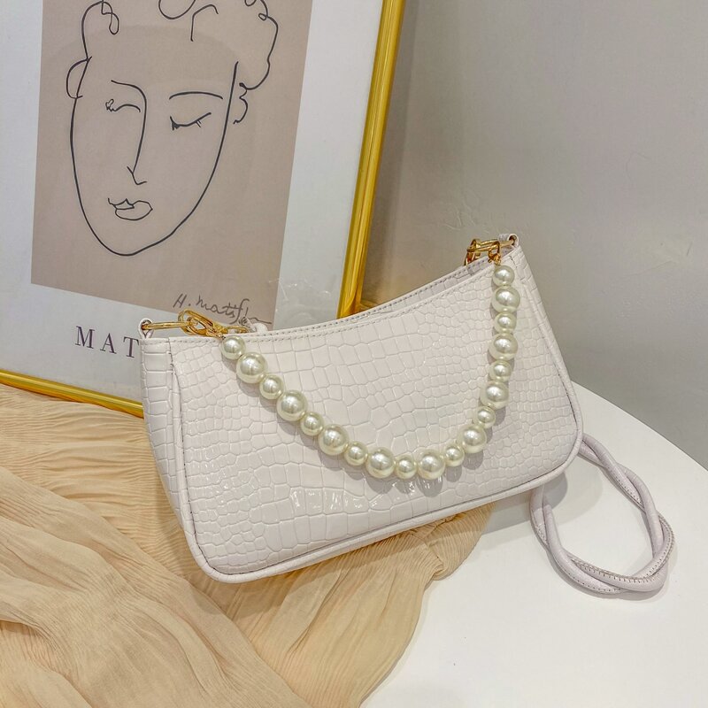 

Faux Pearl Croc Embossed Satchel Bag, White