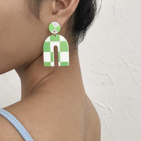 

Plaid U Drop Earrings, Green