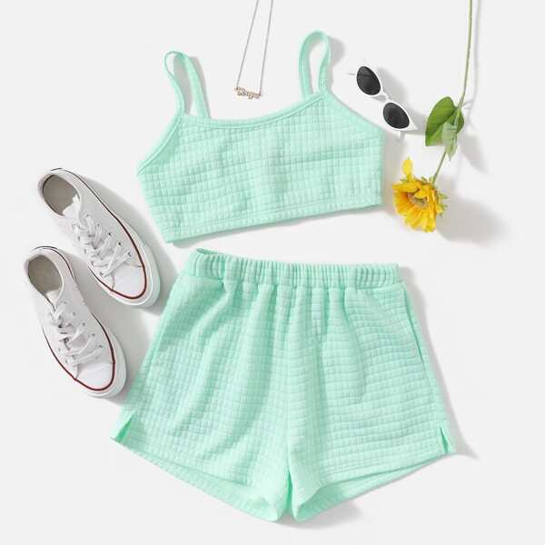 

Waffle Knit Cami Top & Track Shorts Set, Mint green