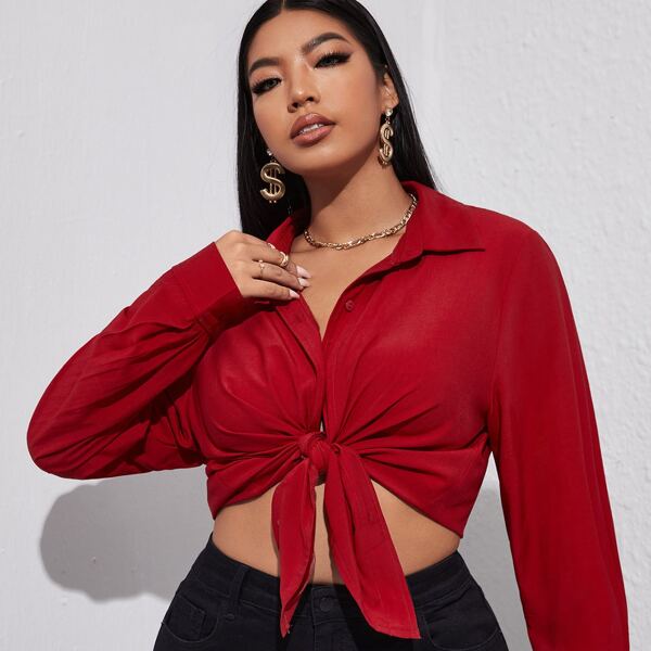 

Plus Solid Button Up Blouse, Red