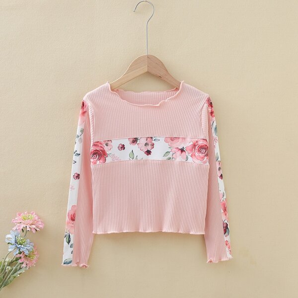 

Girls Floral Print Rib-Knit Tee, Pink