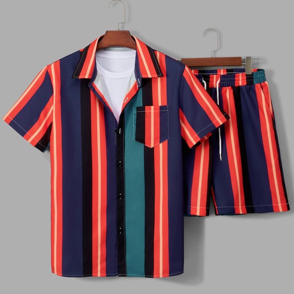 

Men Colorful Stripe Button Front Shirt & Drawstring Shorts, Multicolor