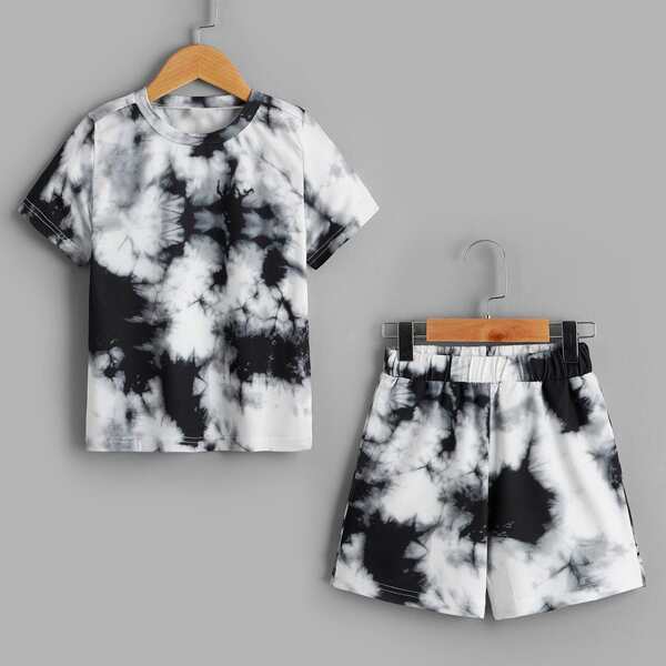 

Toddler Boys Tie Dye Tee With Track Shorts, Black and white