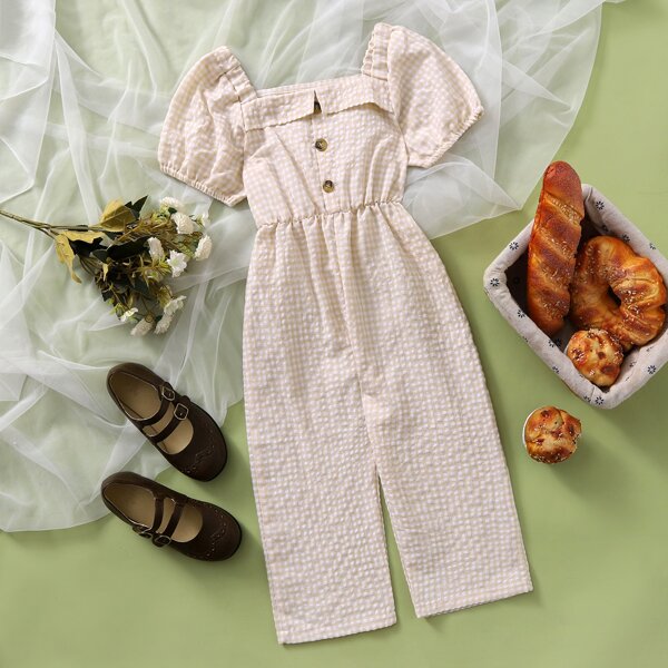 

Toddler Girls Gingham Print Square Neck Puff Sleeve Jumpsuit, Khaki