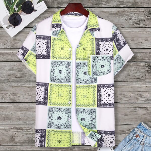 

Men Paisley Scarf Button Up Shirt, Multicolor