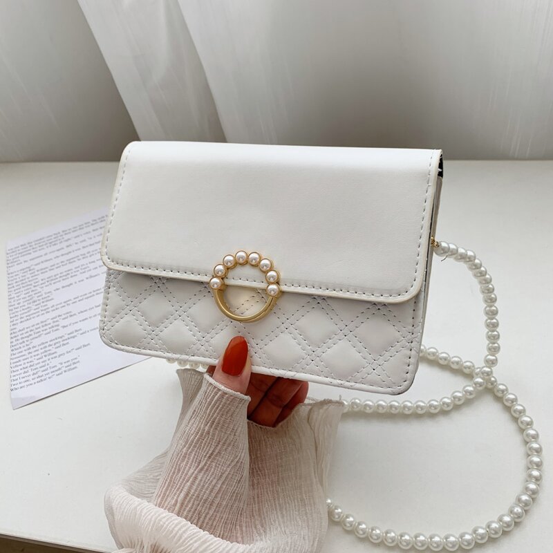 

Faux Pearl Beaded Quilted Crossbody Bag, White