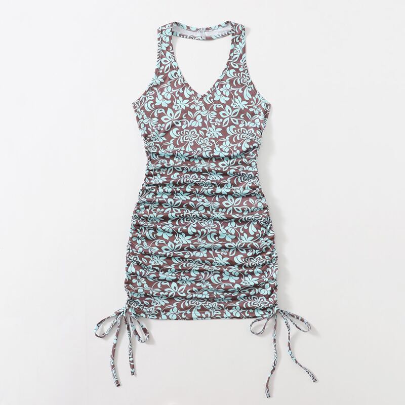 

Floral Graphic Drawstring Ruched Halter Dress, Multicolor