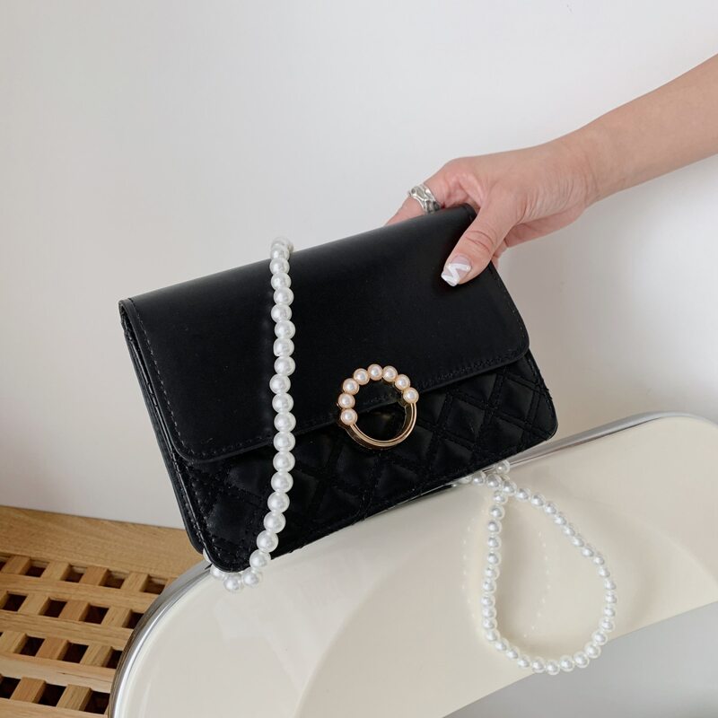

Faux Pearl Decor Quilted Crossbody Bag, Black