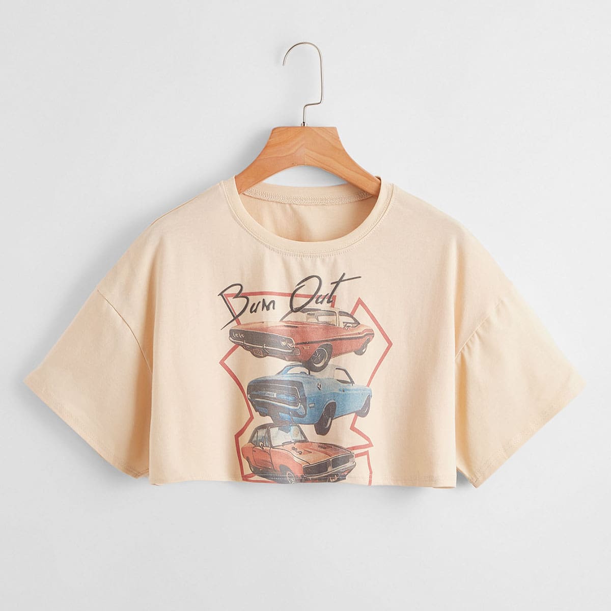 

Car & Letter Graphic Crop Tee, Khaki