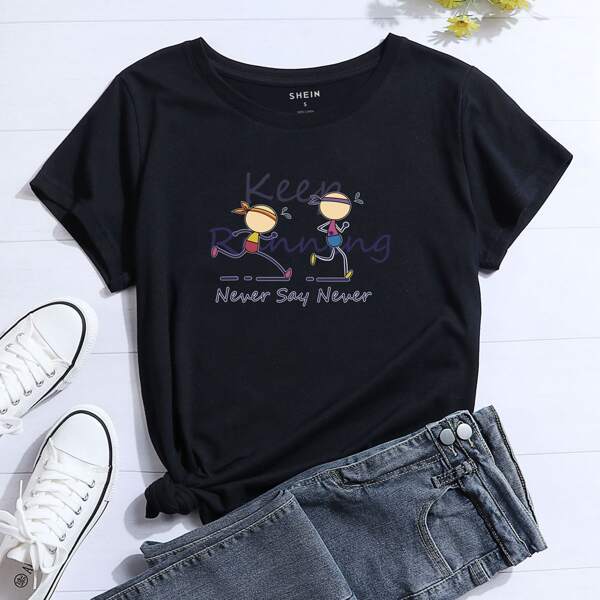 

Slogan & Cartoon Graphic Tee, Black