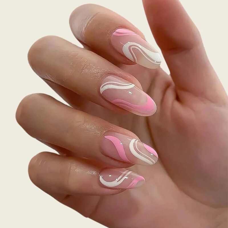 

24pcs Graphic Fake Nail & 1sheet Tape, Multicolor