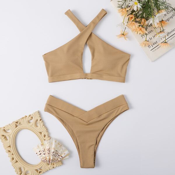 

Ribbed Criss Cross Bikini Swimsuit, Khaki