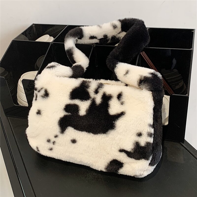 

Cow Print Fluffy Shoulder Bag, Black and white