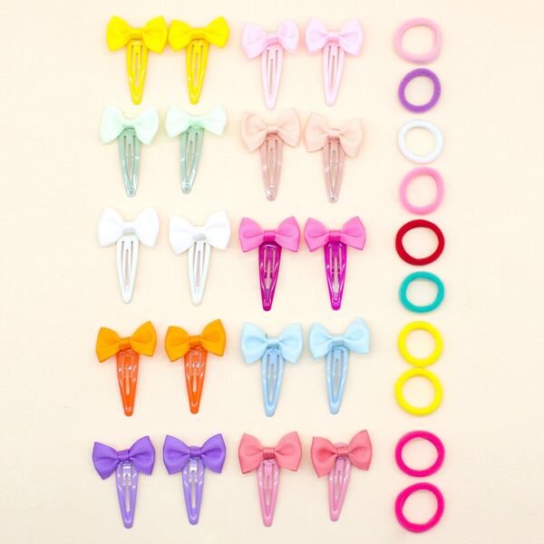 

20pcs Toddler Girls Bow Decor Hair Clip & 10pcs Hair Tie, Multicolor