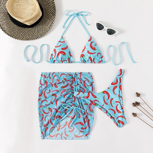 

3pack Chili Print Triangle Bikini Swimsuit & Cover Up, Blue