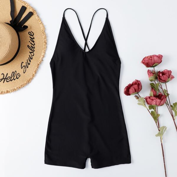 

Solid Cross Back One Piece Swimsuit, Black