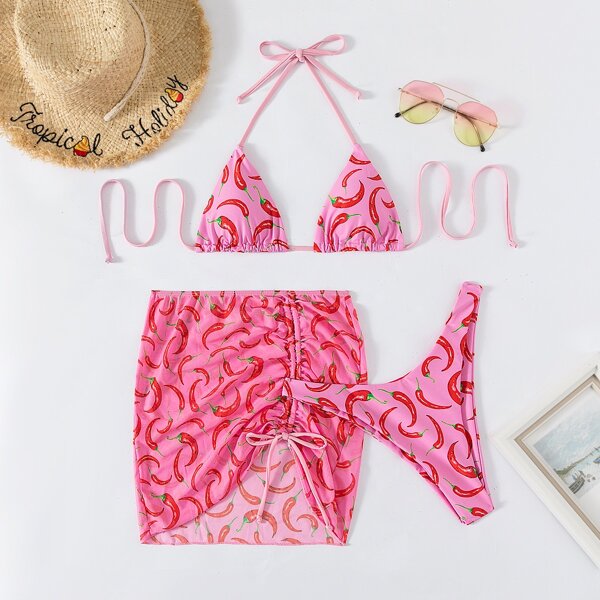 

3pack Chili Print Triangle Bikini Swimsuit & Cover Up, Pink