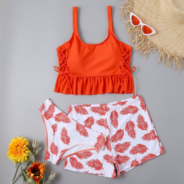 

3pack Tropical Ruffle Trim Lace Up Bikini Swimsuit, Orange