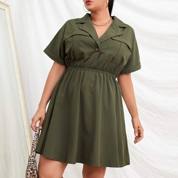 

Plus Flap Pocket Lapel Neck Shirt Dress, Army green