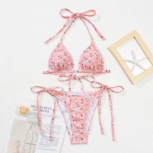 

Floral Print Halter Triangle Bikini Swimsuit, Coral pink