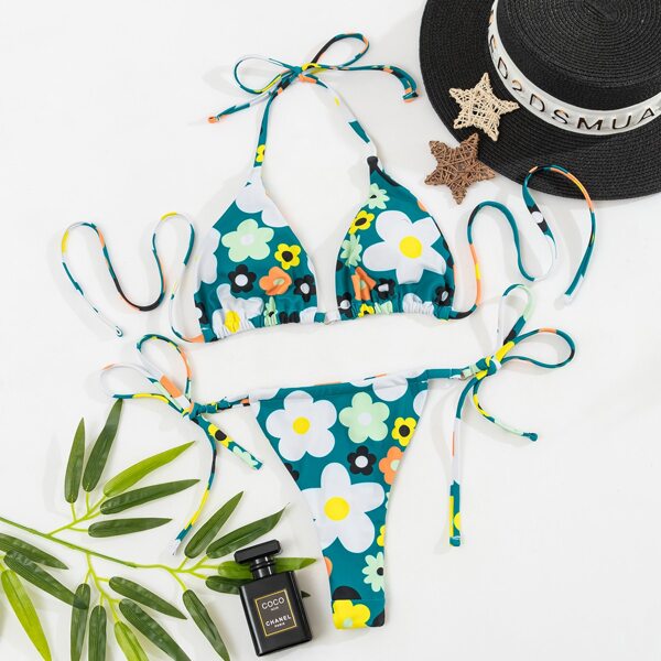 

Floral Triangle Thong Bikini Swimsuit, Multicolor