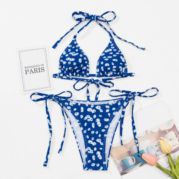 

Floral Print Halter Triangle Bikini Swimsuit, Blue and white