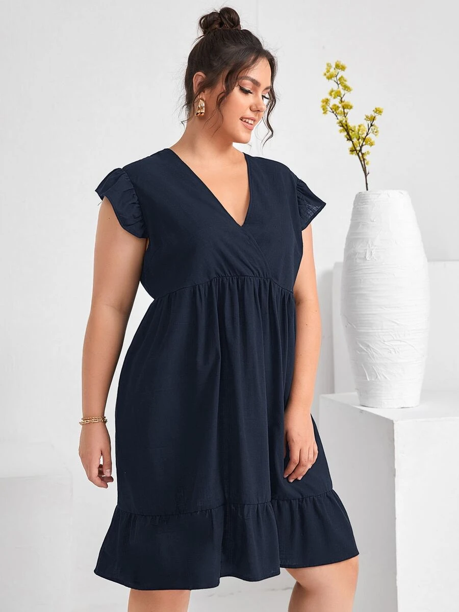 Vestidos Tallas Grandes Volante Volante rígido Liso Casual - Azul Marino - Ver 1