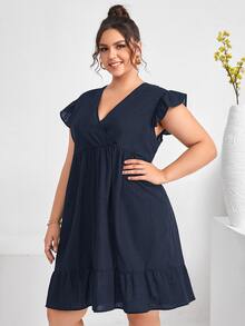 Vestidos Tallas Grandes Volante Volante rígido Liso Casual - Azul Marino - Ver 3