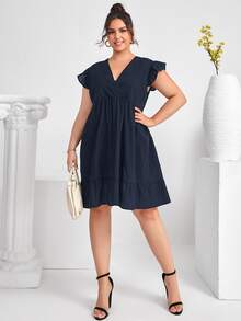 Vestidos Tallas Grandes Volante Volante rígido Liso Casual - Azul Marino - Ver 4