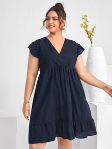 Vestidos Tallas Grandes Volante Volante rígido Liso Casual - Azul Marino - Ver 5