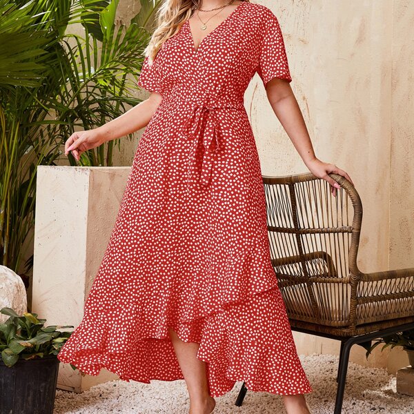 

Plus Ditsy Floral Belted Asymmetrical Dress, Red