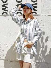 DAZY 条纹纽扣口袋前开襟衬衫，秋装长袖上衣 - 彩色 - 查看 3