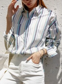 DAZY 条纹纽扣口袋前开襟衬衫，秋装长袖上衣 - 彩色 - 查看 4