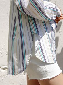 DAZY 条纹纽扣口袋前开襟衬衫，秋装长袖上衣 - 彩色 - 查看 7