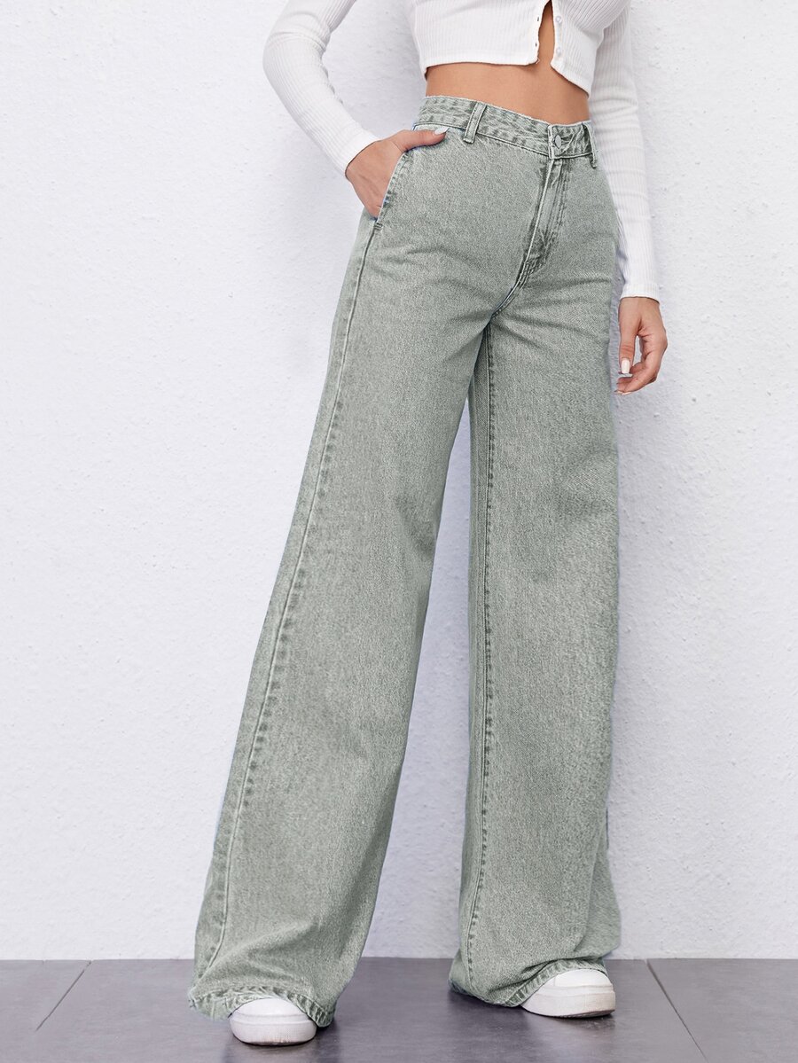 SHEIN 高腰斜口袋闊腿牛仔褲 - 淺色水洗藍 - 查看 1