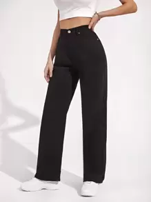 Jeanoix High Waist Slant Pocket Straight Jeans - Black - View 5