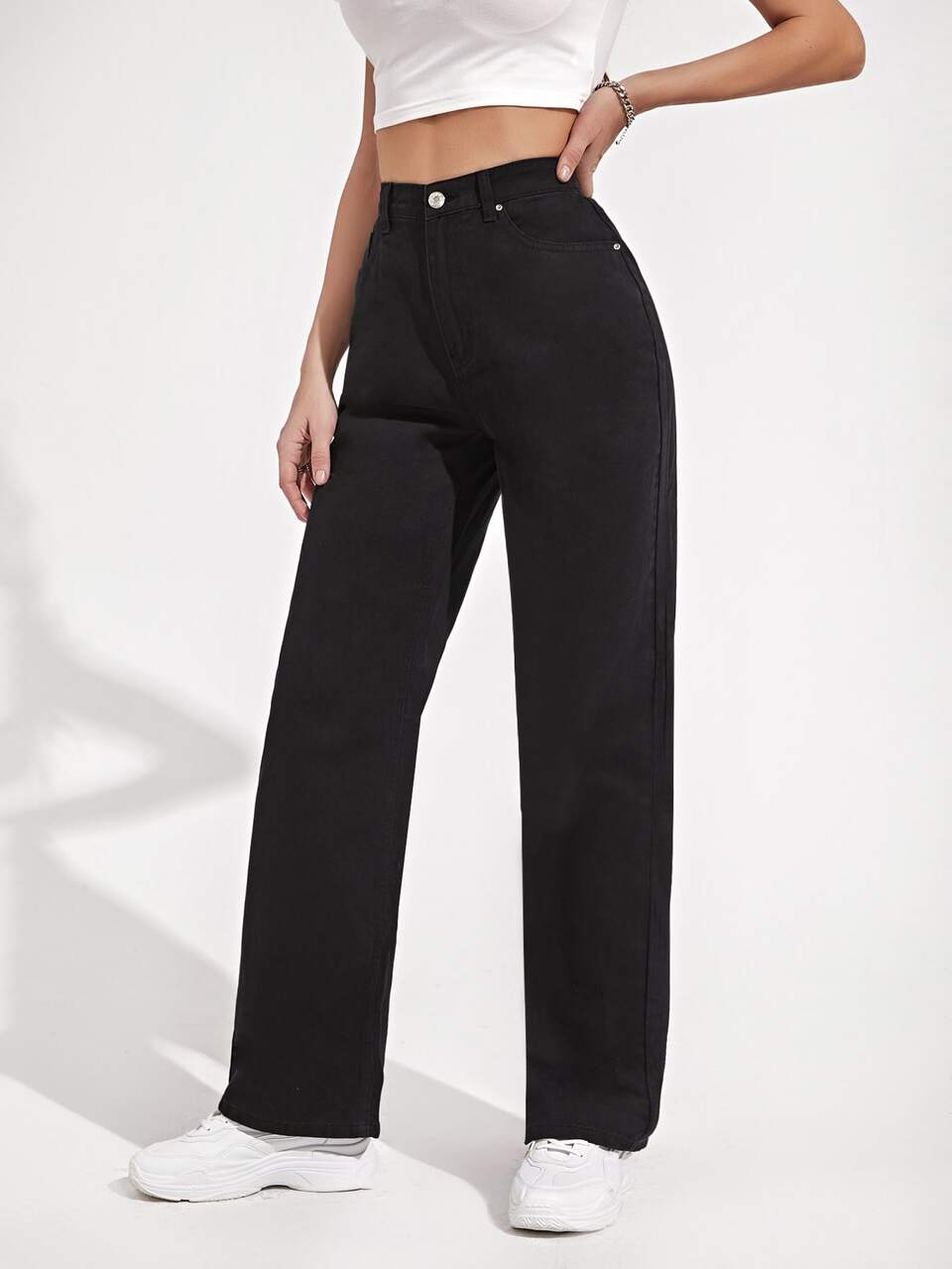 High Waist Slant Pocket Straight Jeans
