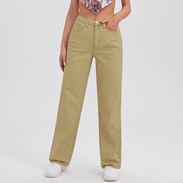 

High Waist Slant Pocket Straight Jeans, Khaki