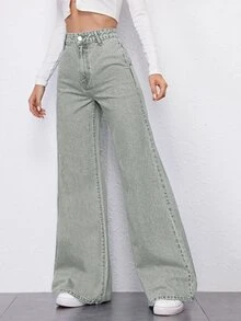 SHEIN 高腰斜口袋闊腿牛仔褲 - 淺色水洗藍 - 查看 4