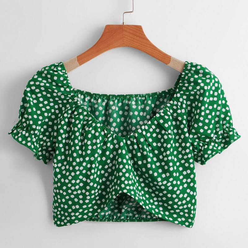 

Ditsy Floral Puff Sleeve Crop Blouse, Green